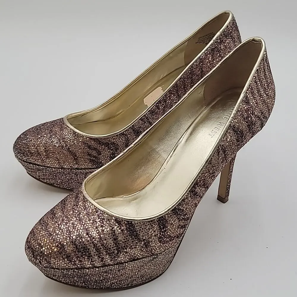NINE WEST sz9.5 Mendoza Platform Glitter Tiger Stripe Stilettos BLINGGGGG